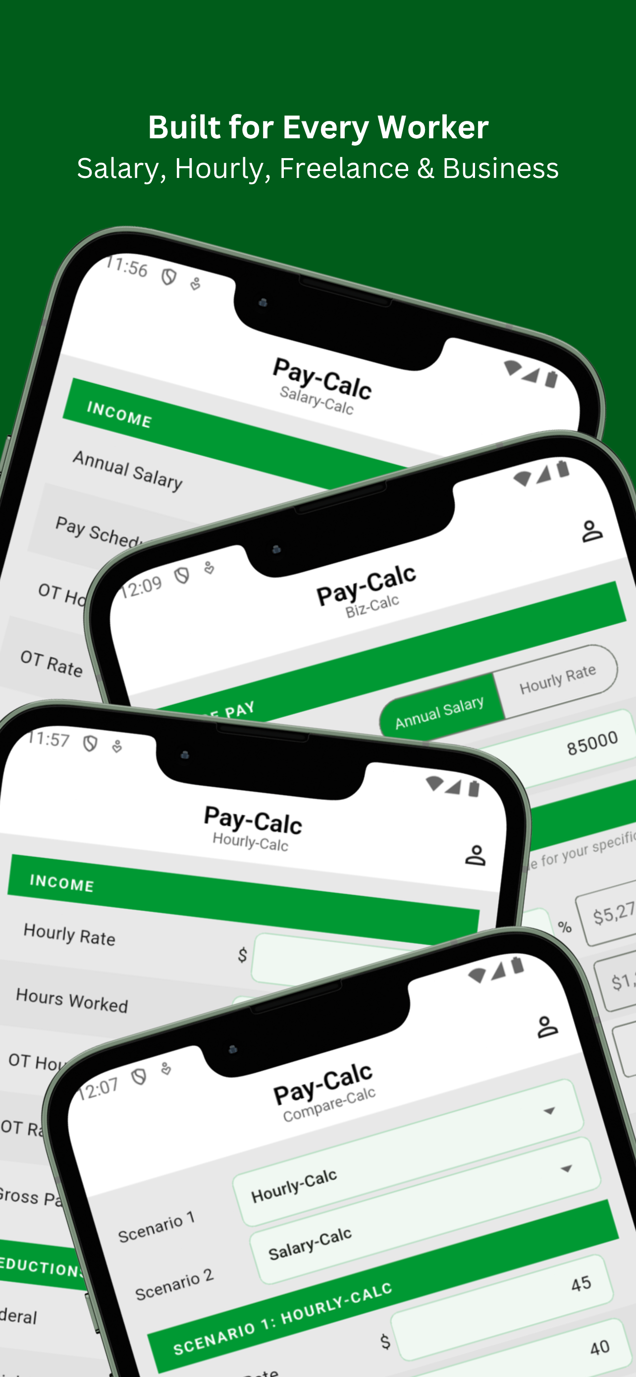 Pay-Calc app showing Salary-Calc, Biz-Calc, Hourly-Calc and Compare-Calc calculators
